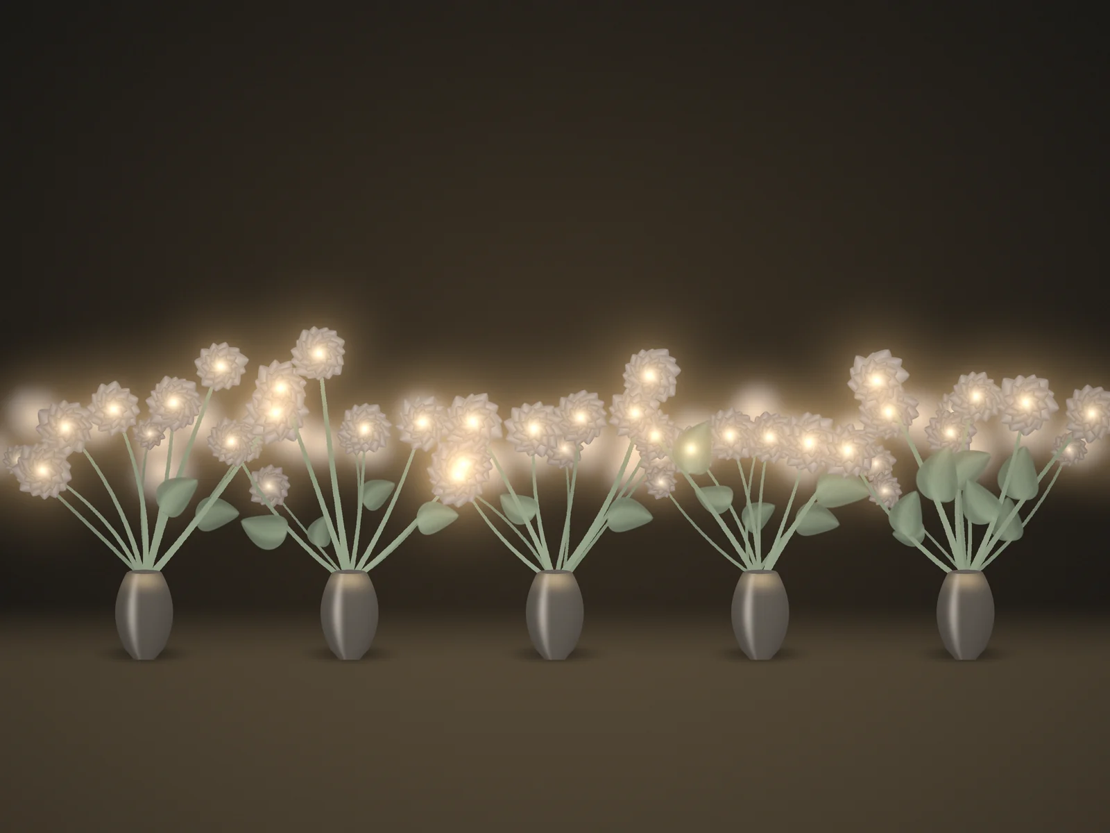 A large illuminated floral installation running the length of an event table
