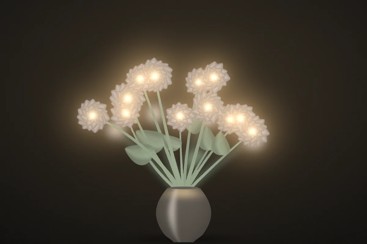 An illuminated arrangement glowing warm at night